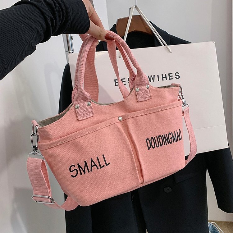 Canvas Shoulder Bag with Zipper and Stitching Detail - Off-white,Black,Yellow,Pink - One size - Image 4