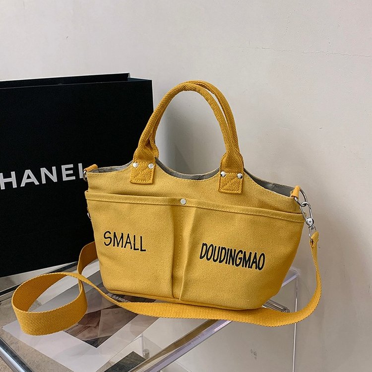 Canvas Shoulder Bag with Zipper and Stitching Detail - Off-white,Black,Yellow,Pink - One size - Image 3