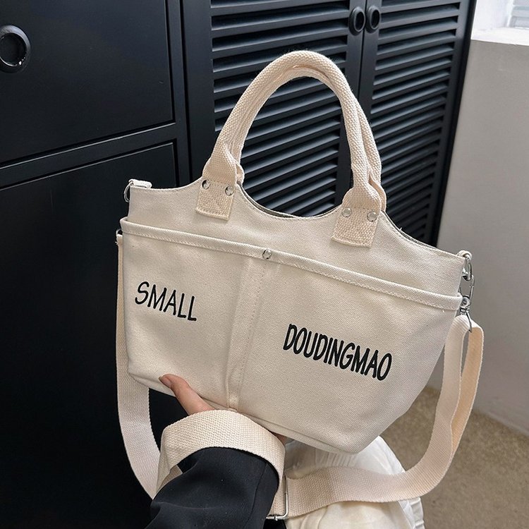 Canvas Shoulder Bag with Zipper and Stitching Detail - Off-white,Black,Yellow,Pink - One size