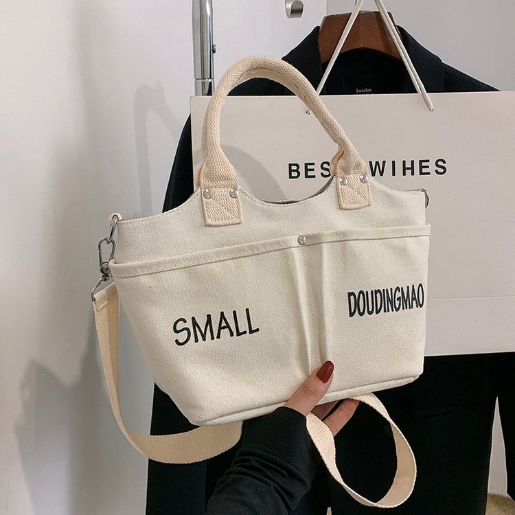 Canvas Shoulder Bag with Zipper and Stitching Detail - Off-white,Black,Yellow,Pink - One size - Image 2