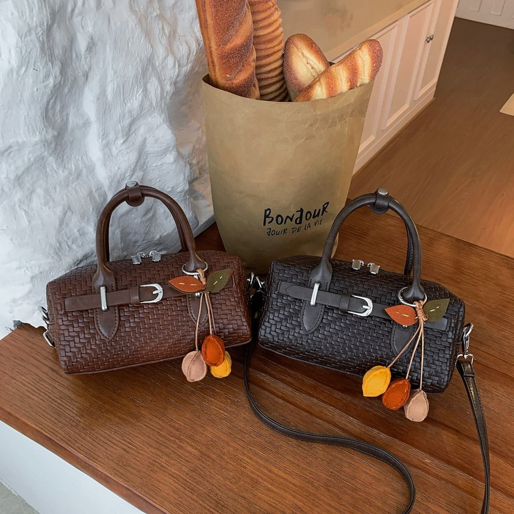 Woven Mixed Material Shoulder Underarm Crossbody Bag with Zipper - Image 4